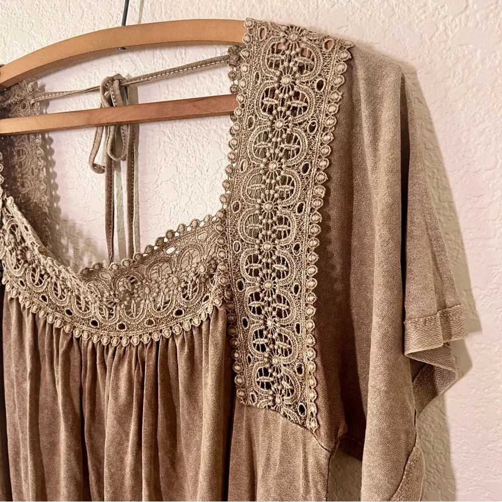 Anama Blouse Tan Brown Boho Embroider Lace Size Medium - Picture 3 of 4
